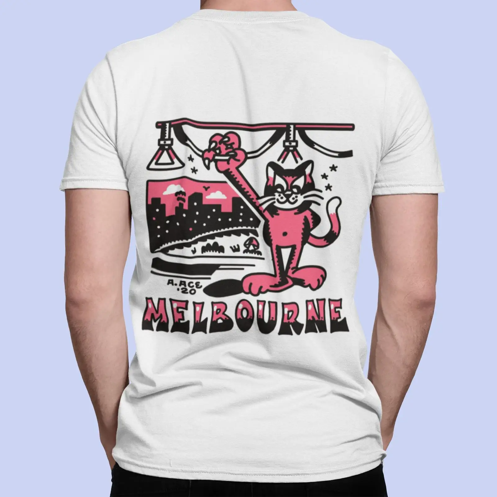 Vintage Fashion Melbourne - Maglietta Melbourne Tram con gatto psichedelico,